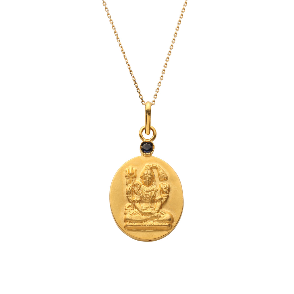 18kt Gold Shiva Pendant Necklace Mounted with Blue Sapphire