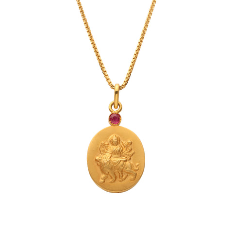 14 kt gold Durga Istha Devata Pendant Necklace with Ruby Mount