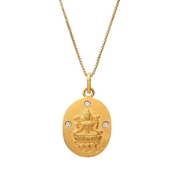 18kt Gold Lakshmi Pendant Necklace with 3 Diamond Mount