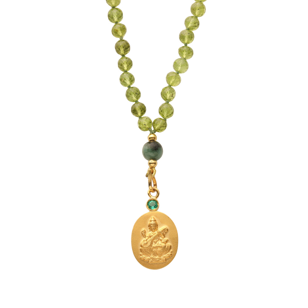 18kt Gold Saraswati Ishta Devata Japa Mala with Peridot and Emerald Counterbead Mala