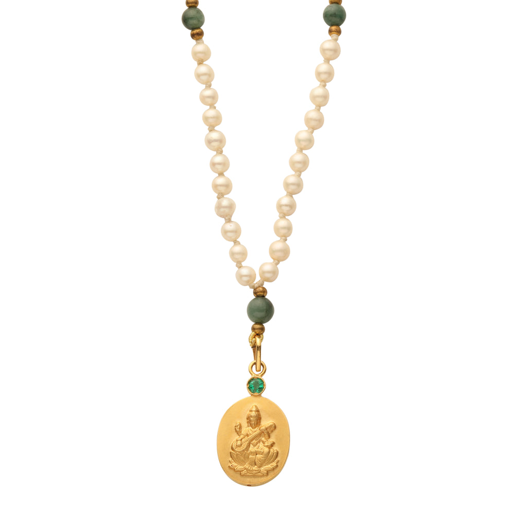 18 kt Gold Saraswati Istha Devata Japa Mala- Pearl with Emerald Counterbead.