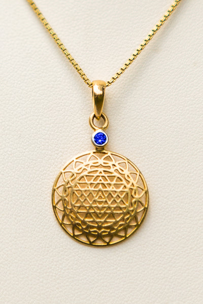 14kt Gold Sri Yantra Pendant Mounted with Blue Sapphire on 18kt Gold Chain - The Sattva Collection