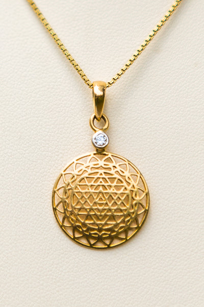 14 kt Gold Sri Yantra Pendant Mounted with Diamond on 18kt Gold Chain - The Sattva Collection