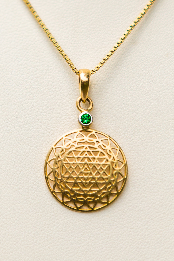 14kt Gold Sri Yantra Pendant Mounted with Emerald on 18kt Gold Chain - The Sattva Collection