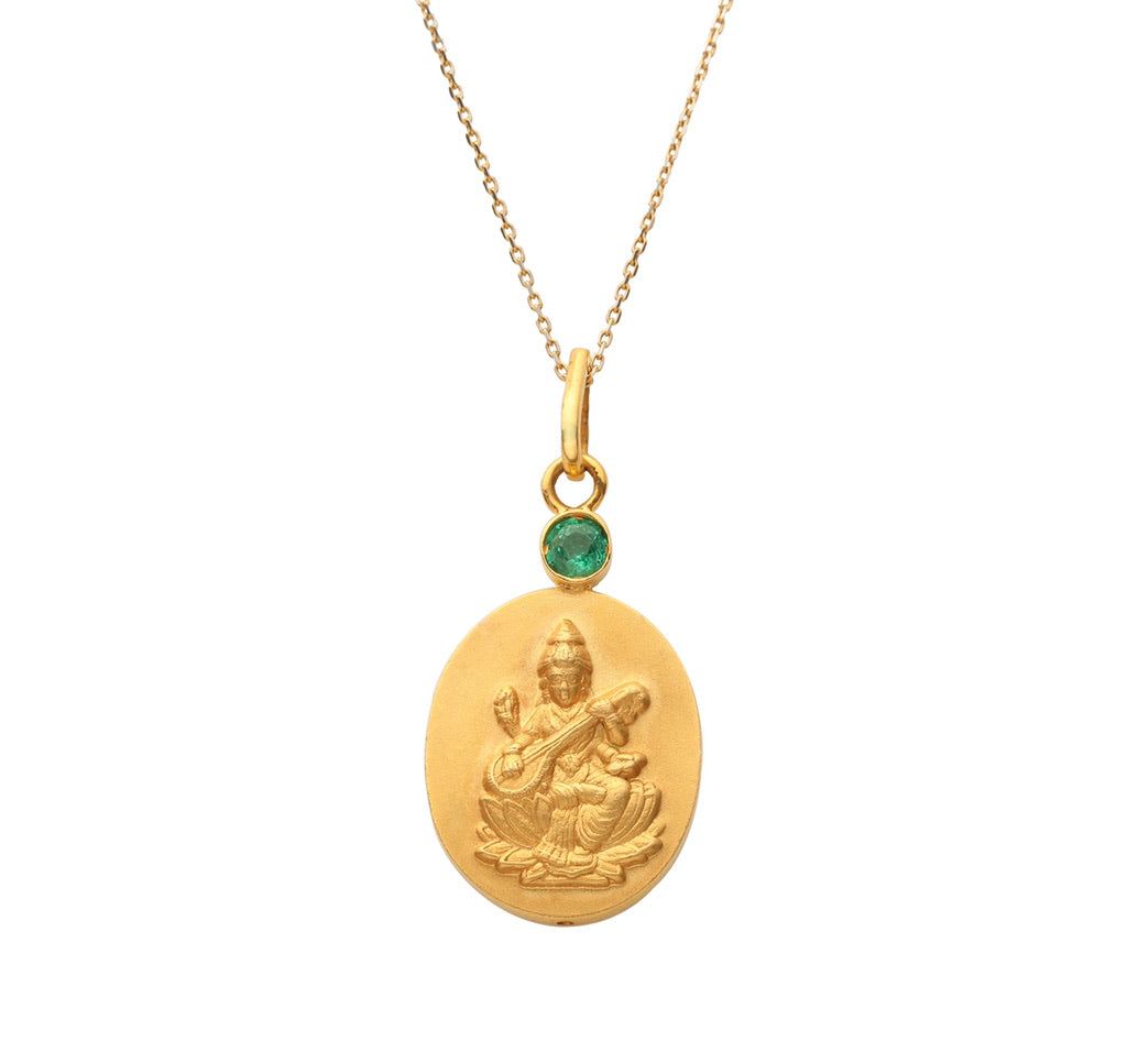 18kt Gold Saraswati Istha Devata Penant Necklace with Emerald Mount