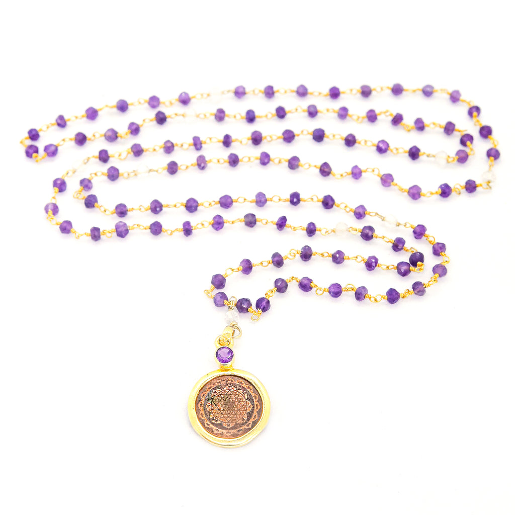 Amethyst and Crystal Sri Yantra Necklace - The Sattva Collection