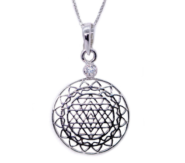 14kt White Gold Sri Yantra Pendant Necklace with Diamond Mount - The Sattva Collection