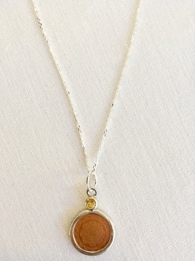 Sterling Silver Sri Yantra Pendant mounted on faceted citrine 18"inch chain - The Sattva Collection