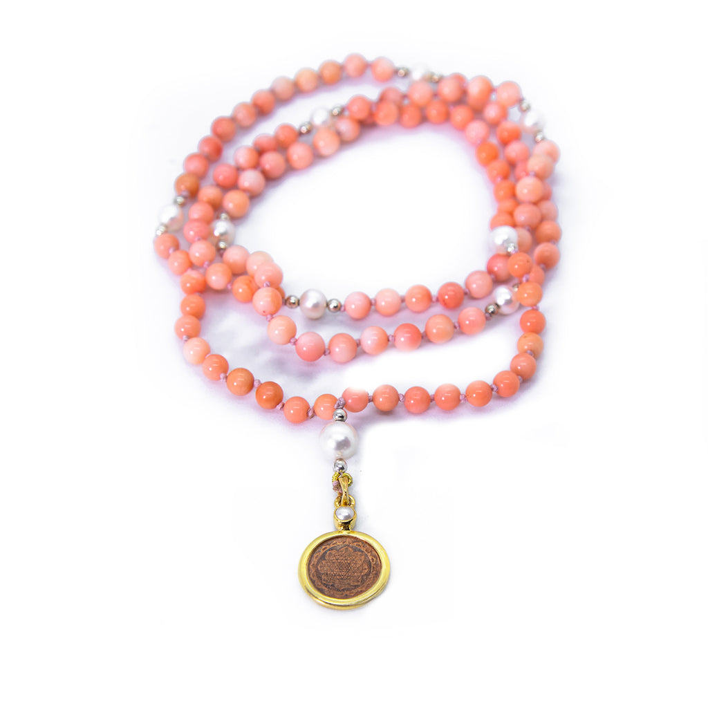 Sri Yantra Japa Mala- Pink Coral & Pearl - The Sattva Collection