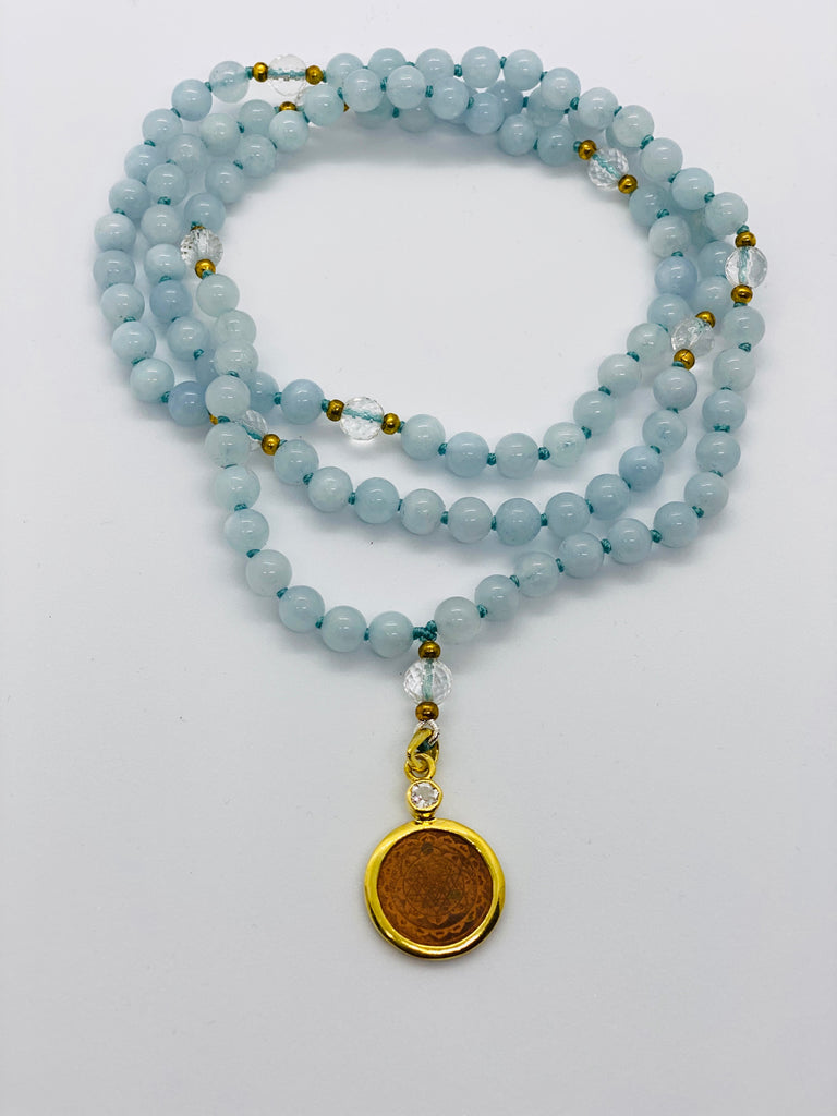 Sri Yantra Japa Mala- Aquamarine & Clear Crystal - The Sattva Collection