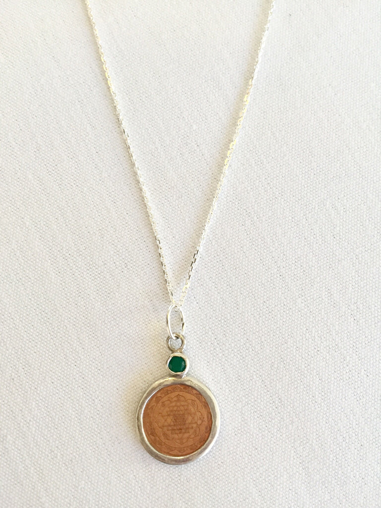 Sterling Silver Sri Yantra Pendant mounted on faceted green onyx on 18"inch chain - The Sattva Collection