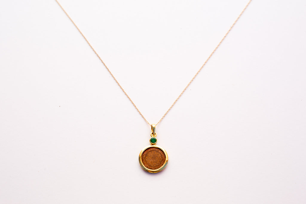 Copper with 14kt Gold Emerald Mount Sri Yantra 18" Pendant Necklace - The Sattva Collection