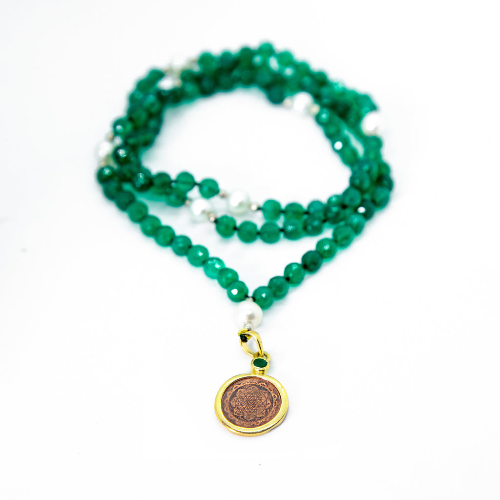 Sri Yantra Japa Mala- Green Onyx & Pearl Counterbead - The Sattva Collection